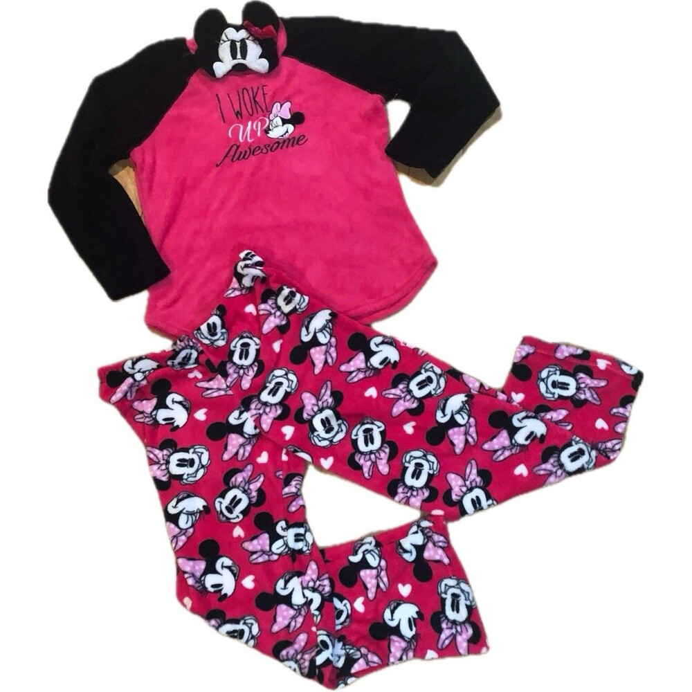 Disney Minnie Mouse Pink Fleece Pajama Set size medium (8/10) with eye mask - Picture 1 of 4